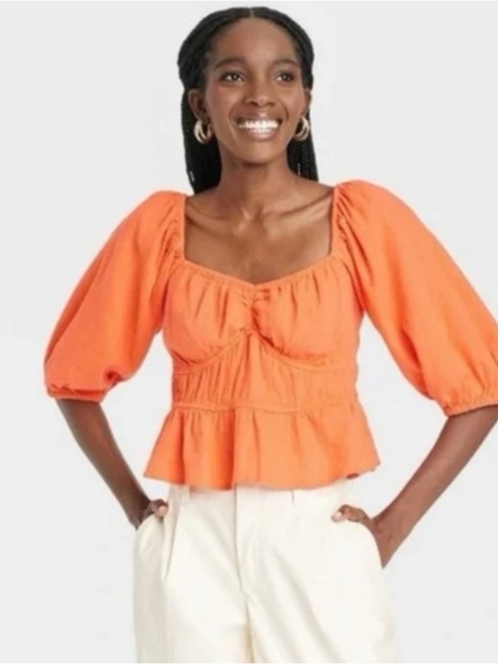 a new day Bright Orange Puff-Sleeve Peasant Crop Top